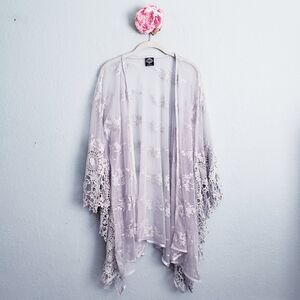 Cal Style Gray Crochet Mesh Embroidered Kimono